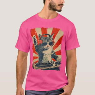 おもしろDJ猫ディスコサウンドヘッドホン音楽女子 Tシャツ