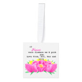 「おもし花を選んでくれた」ピンクの2枚 キューブオーナメント (正面)