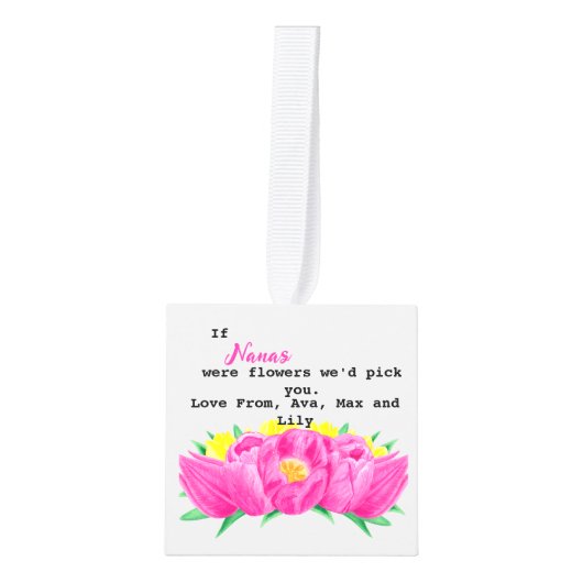 「おもし花を選んでくれた」ピンクの2枚 キューブオーナメント (正面)