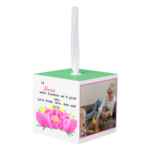「おもし花を選んでくれた」ピンクの2枚 キューブオーナメント (裏面アングル)