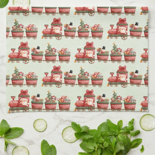 おもちゃつきヴィンテージかわいいクリスマストレイン キッチンタオル (折り畳み)