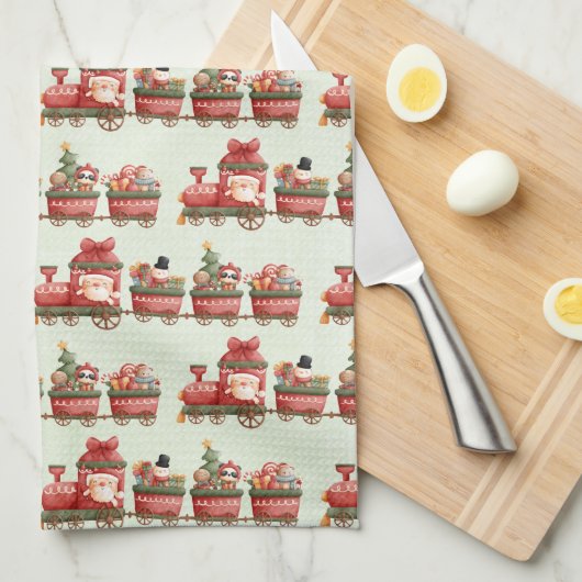 おもちゃつきヴィンテージかわいいクリスマストレイン キッチンタオル (四つ折り)