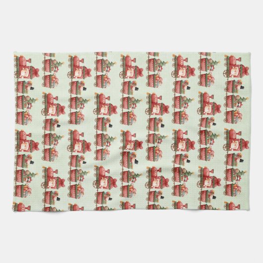 おもちゃつきヴィンテージかわいいクリスマストレイン キッチンタオル (横)
