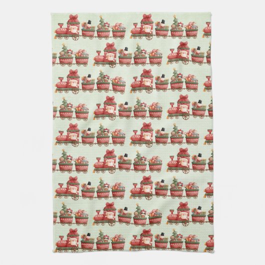 おもちゃつきヴィンテージかわいいクリスマストレイン キッチンタオル (縦)