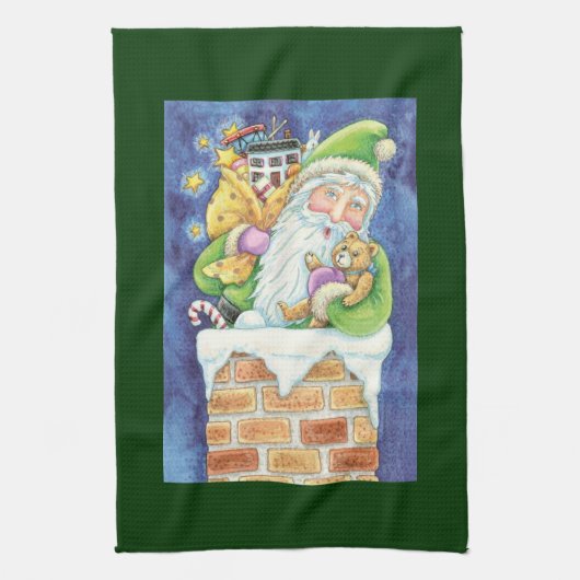 おもちゃつき煙突のサンタクロースかわいいクリスマス キッチンタオル (縦)