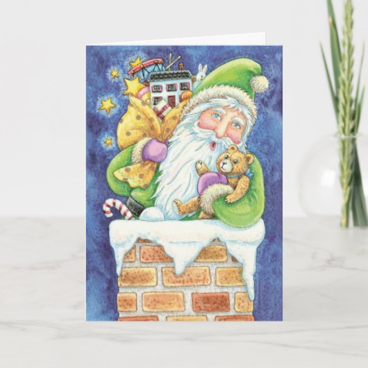 おもちゃつき煙突のサンタクロースかわいいクリスマス シーズンカード (正面)