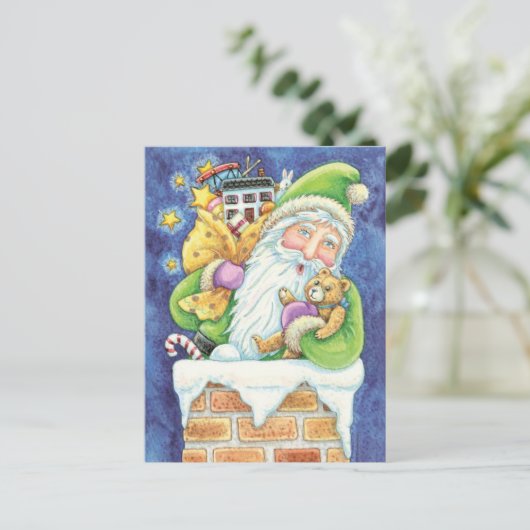 おもちゃつき煙突のサンタクロースかわいいクリスマス シーズンポストカード (スタンド正面)