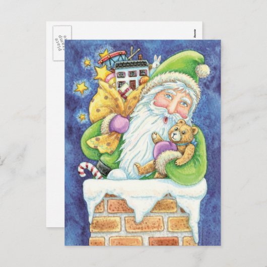 おもちゃつき煙突のサンタクロースかわいいクリスマス シーズンポストカード (正面/裏面)