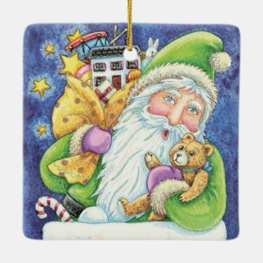 おもちゃつき煙突のサンタクロースかわいいクリスマス セラミックオーナメント (裏面)