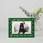 おもちゃとお菓子でホールを飾ろう 愛犬の2枚の写真入りクリスマスカード 箔シーズンポストカード (立ち正面)