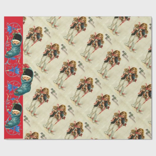 おもちゃとクリスマスストッキングとギフト付き子供 ラッピングペーパー (フラット)