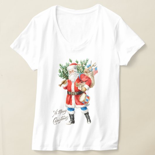 おもちゃとドラムを持つサンタクロース Tシャツ (レイダウン)
