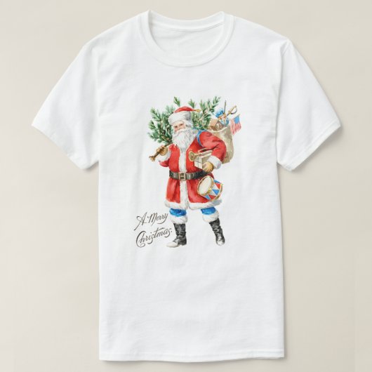おもちゃとドラムを持つサンタクロース Tシャツ (デザイン正面)