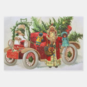 おもちゃとレッドカー付きヴィンテージクリスマスサンタ ラッピングペーパーシート (正面)