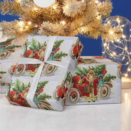 おもちゃとレッドカー付きヴィンテージクリスマスサンタ ラッピングペーパー (クリスマス)