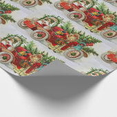 おもちゃとレッドカー付きヴィンテージクリスマスサンタ ラッピングペーパー (角)