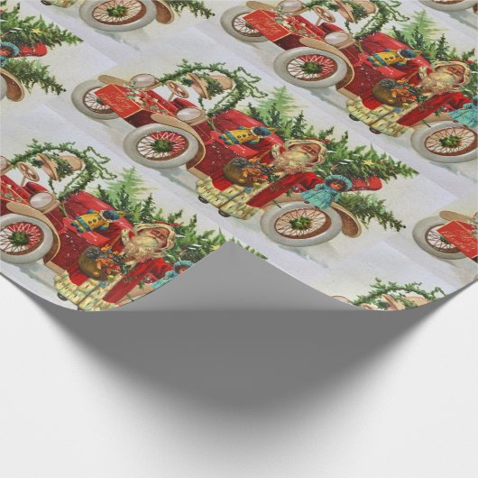 おもちゃとレッドカー付きヴィンテージクリスマスサンタ ラッピングペーパー (角)