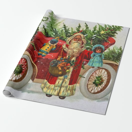 おもちゃとレッドカー付きヴィンテージクリスマスサンタ ラッピングペーパー (アンロールド)