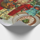 おもちゃとレッドカー付きヴィンテージクリスマスサンタ ラッピングペーパー (角)