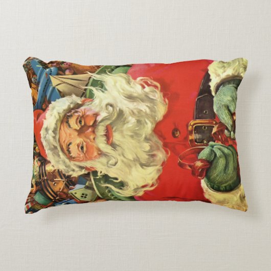 おもちゃのあるソリのヴィンテージクリスマスサンタクロース アクセントクッション (正面)