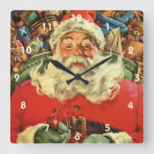 おもちゃのあるソリのヴィンテージクリスマスサンタクロース スクエア壁時計 (正面)
