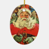 おもちゃのあるソリのヴィンテージクリスマスサンタクロース セラミックオーナメント (正面)