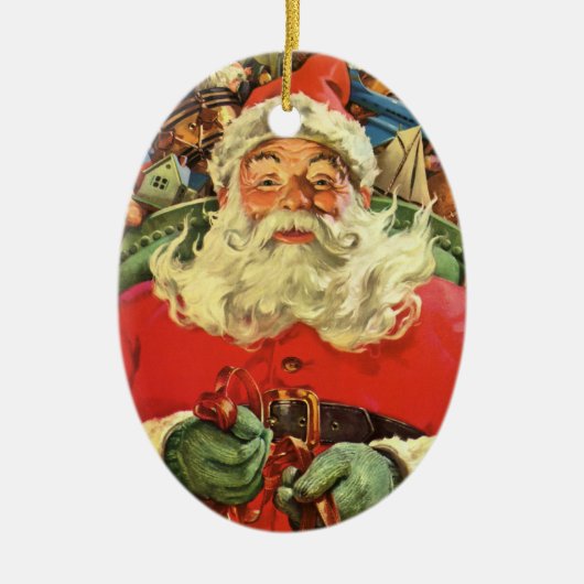 おもちゃのあるソリのヴィンテージクリスマスサンタクロース セラミックオーナメント (正面)