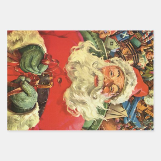 おもちゃのあるソリのヴィンテージクリスマスサンタクロース ラッピングペーパーシート (正面)