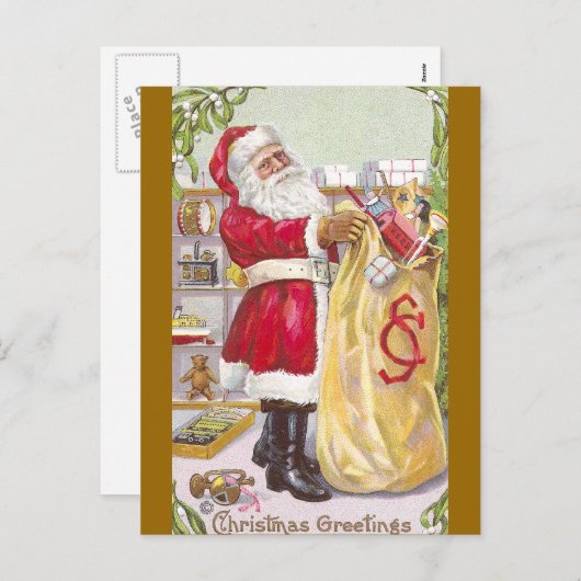 . .おもちゃのたっぷりサックを持つサンタクロース シーズンポストカード (正面/裏面)