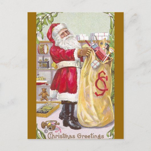 . .おもちゃのたっぷりサックを持つサンタクロース シーズンポストカード (正面)
