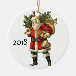 おもちゃのクリスマスの袋とのヴィンテージサンタクロース セラミックオーナメント