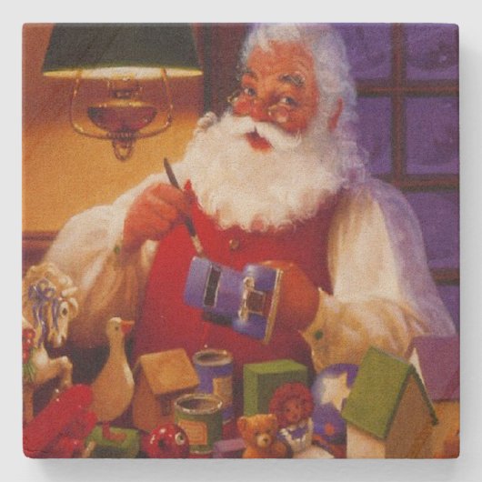 おもちゃのクリスマスを作っているヴィンテージサンタクロース ストーンコースター (正面)