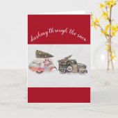 おもちゃのトラックと旅行トレーラーのクリスマスの休日 カード (黄色い花)