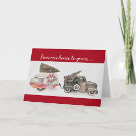 おもちゃのトラックと旅行トレーラーのクリスマスホリデーレッド カード