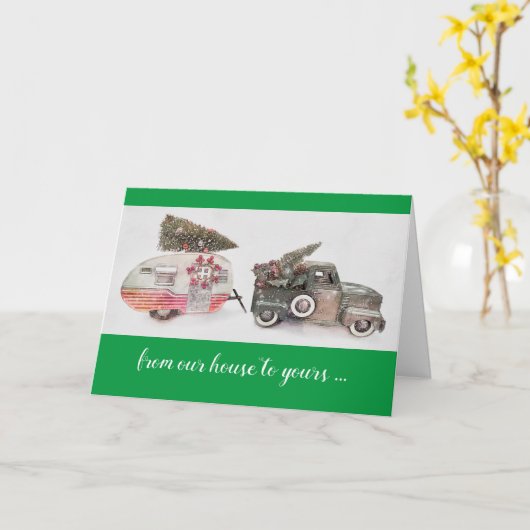 おもちゃのトラック旅行トレーラー緑の上のクリスマス カード (黄色い花)