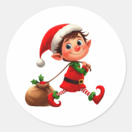 おもちゃのバッグを引っ張る幸せなクリスマス小妖精や小人 ラウンドシール