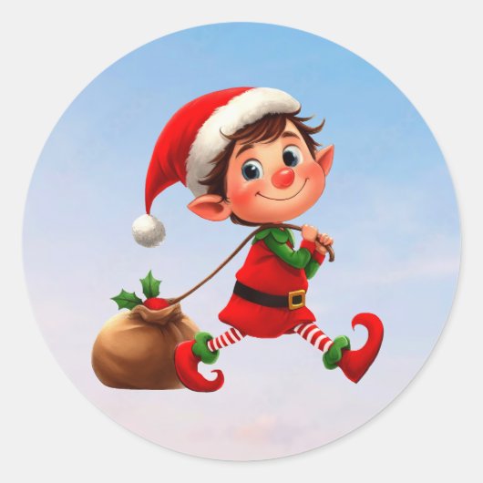 おもちゃのバッグを引っ張る幸せなクリスマス小妖精や小人 ラウンドシール (正面)