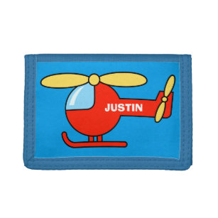 おもちゃのパーソナライズされたヘリコプターで子ども用財布に名前を付ける ナイロン三つ折りウォレット