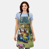 おもちゃの人形を作るサンタクロース、ビンテージクリスマス エプロン (着用した状態)