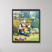 おもちゃの人形を作るサンタクロース、ビンテージクリスマス キャンバスプリント (正面)