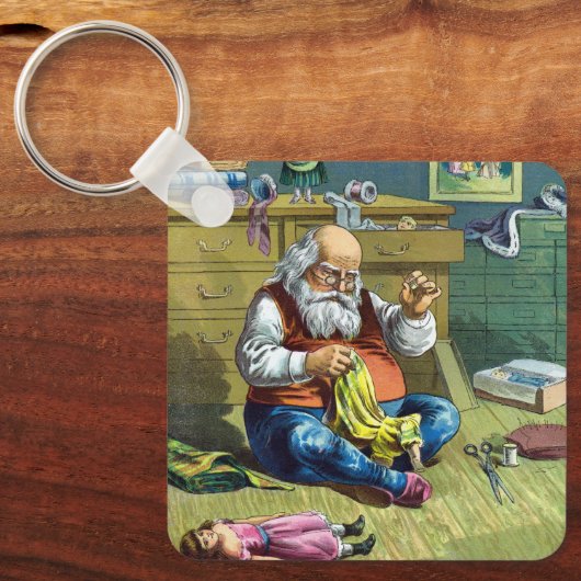 おもちゃの人形を作るサンタクロース、ビンテージクリスマス キーホルダー (正面)