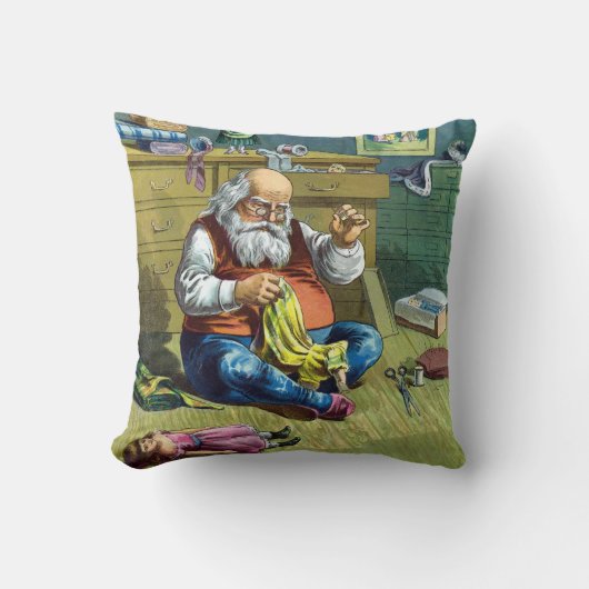 おもちゃの人形を作るサンタクロース、ビンテージクリスマス クッション (正面)