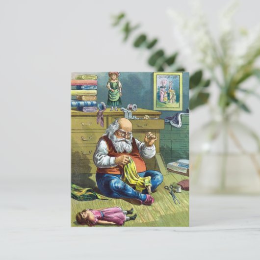 おもちゃの人形を作るサンタクロース、ビンテージクリスマス シーズンポストカード (スタンド正面)