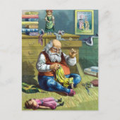 おもちゃの人形を作るサンタクロース、ビンテージクリスマス シーズンポストカード (正面)