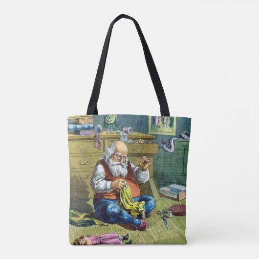 おもちゃの人形を作るサンタクロース、ビンテージクリスマス トートバッグ (裏面)