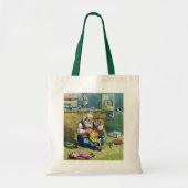 おもちゃの人形を作るサンタクロース、ビンテージクリスマス トートバッグ (正面)