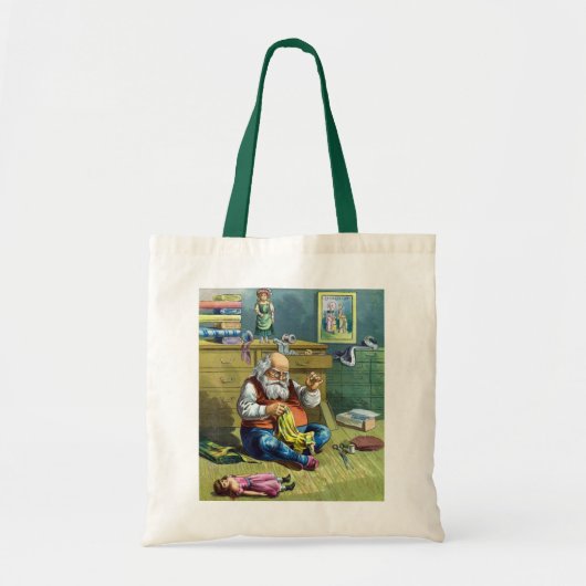 おもちゃの人形を作るサンタクロース、ビンテージクリスマス トートバッグ (正面)