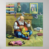 おもちゃの人形を作るサンタクロース、ビンテージクリスマス ポスター (正面)