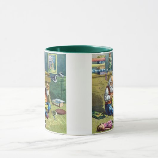 おもちゃの人形を作るサンタクロース、ビンテージクリスマス マグカップ (中央)