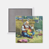 おもちゃの人形を作るサンタクロース、ビンテージクリスマス マグネット (正面/裏面)